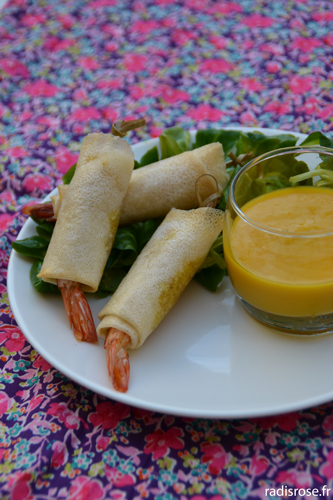 recette Gambas croustillantes au miel épicé et sauce mangue par radis rose