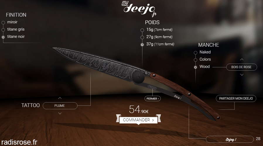 Couteau personnalisé My Deejo, couteau de poche ultra léger sur mesure personnalisable par radis rose