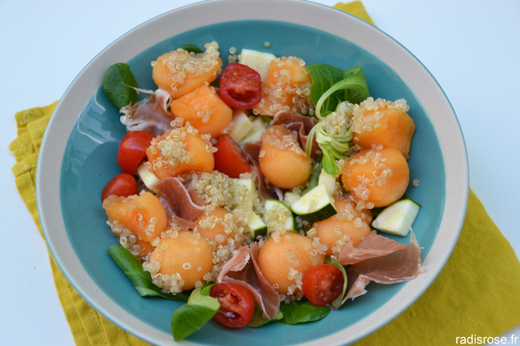 recette salade melon, quinoa, courgette, tomate, mâche et balsamique par radis rose