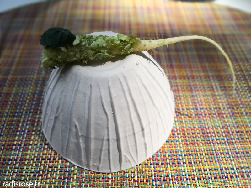 radis beurre en croûte de wasabi, Restaurant Le Jardin des Plumes à Giverny
