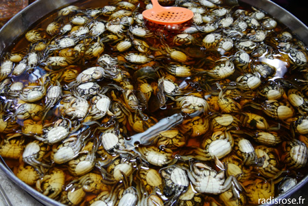 sauce crabe, Maeklong railway market, le marché sur la voie ferrée en Thaïlande