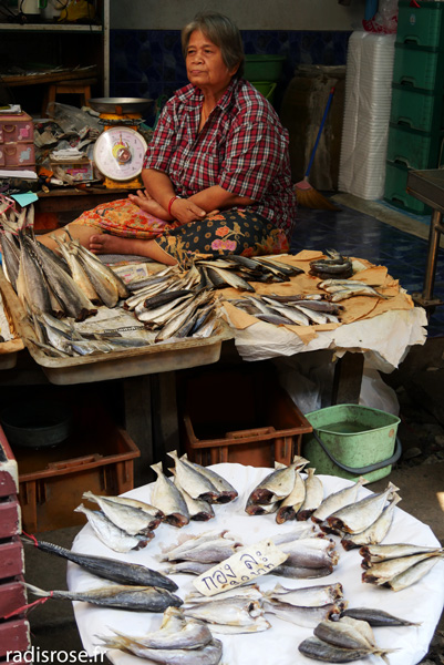 vendeuse de poisson, Maeklong railway market, le marché sur la voie ferrée en Thaïlande
