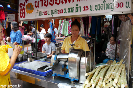 Canne à sucre, Street food au marché de nuit à Chinatown à Bangkok