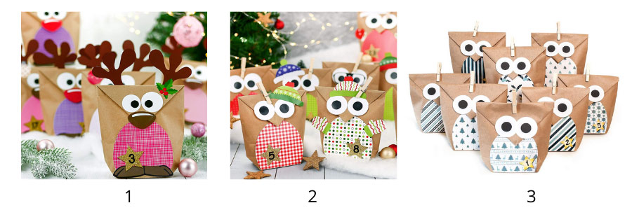 Idées de calendrier de l’Avent réutilisable pour un Noël zéro déchet et écolo, sacs en papier kraft avec autocollants pour les enfants